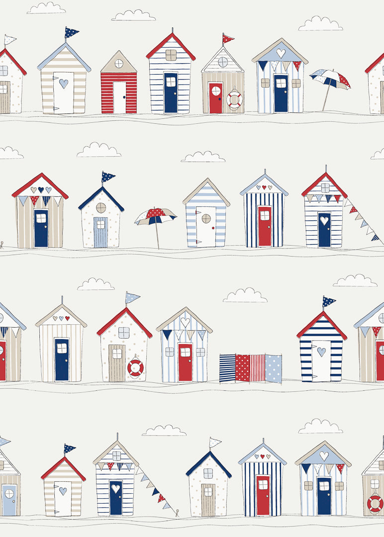 Fryetts Novelty Time Beach Huts Blue Fabric