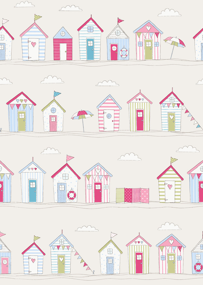 Fryetts Novelty Time Beach Huts Pink Fabric