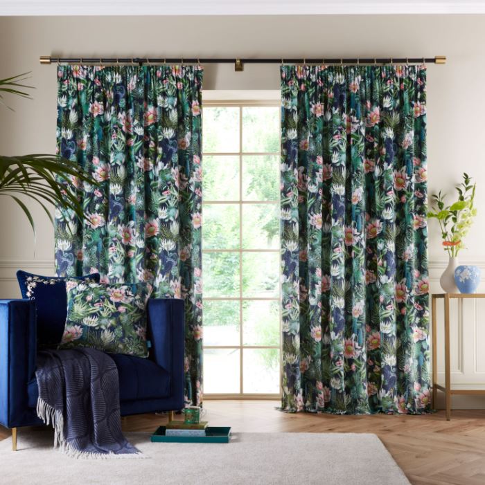 Wedgwood by Clarke & Clarke Waterlily Pencil Pleat Curtains Midnight