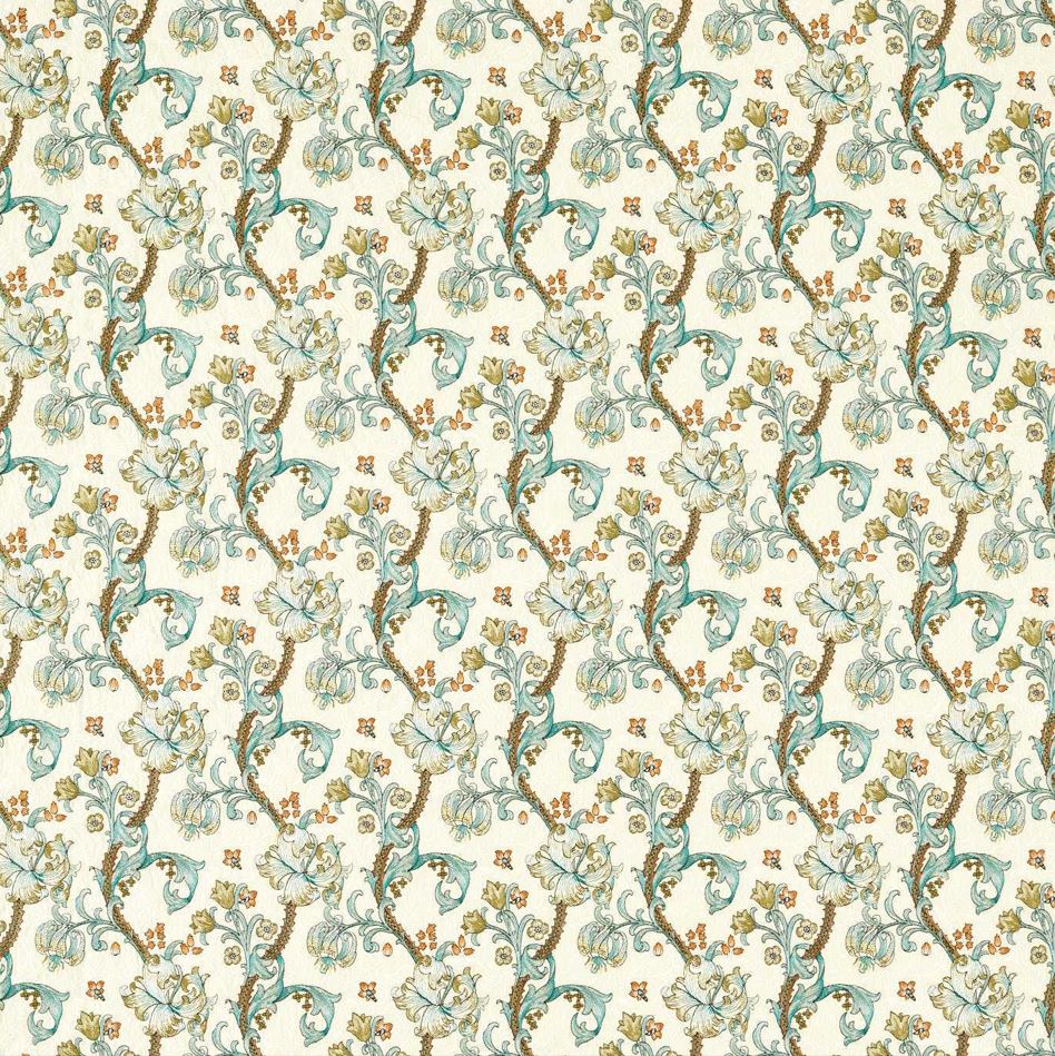 Clarke & Clarke William Morris Weaves Golden Lily Embroidery Linen/Teal Fabric